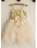 Spaghetti Straps Gold Sequin Champagne Tulle Ruffled Flower Girl Dress